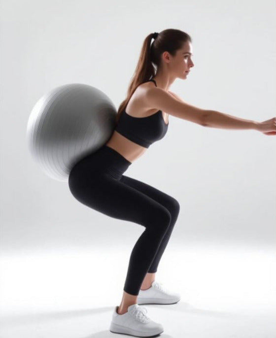 Renforcez les jambes, les fessiers et le gainage en faisant des squats avec le ballon d'assise.